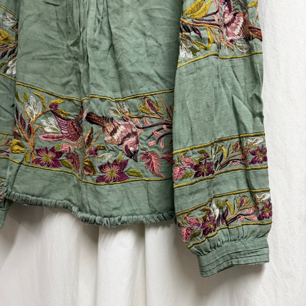 Sundance Womens Sage Green Embroidered Bird Floral Linen Peasant Blouse Small - Picture 3 of 11